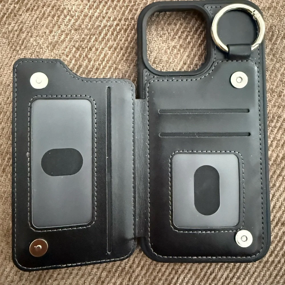 Black Leather iPhone 16 Pro Max Case with Ring Holder